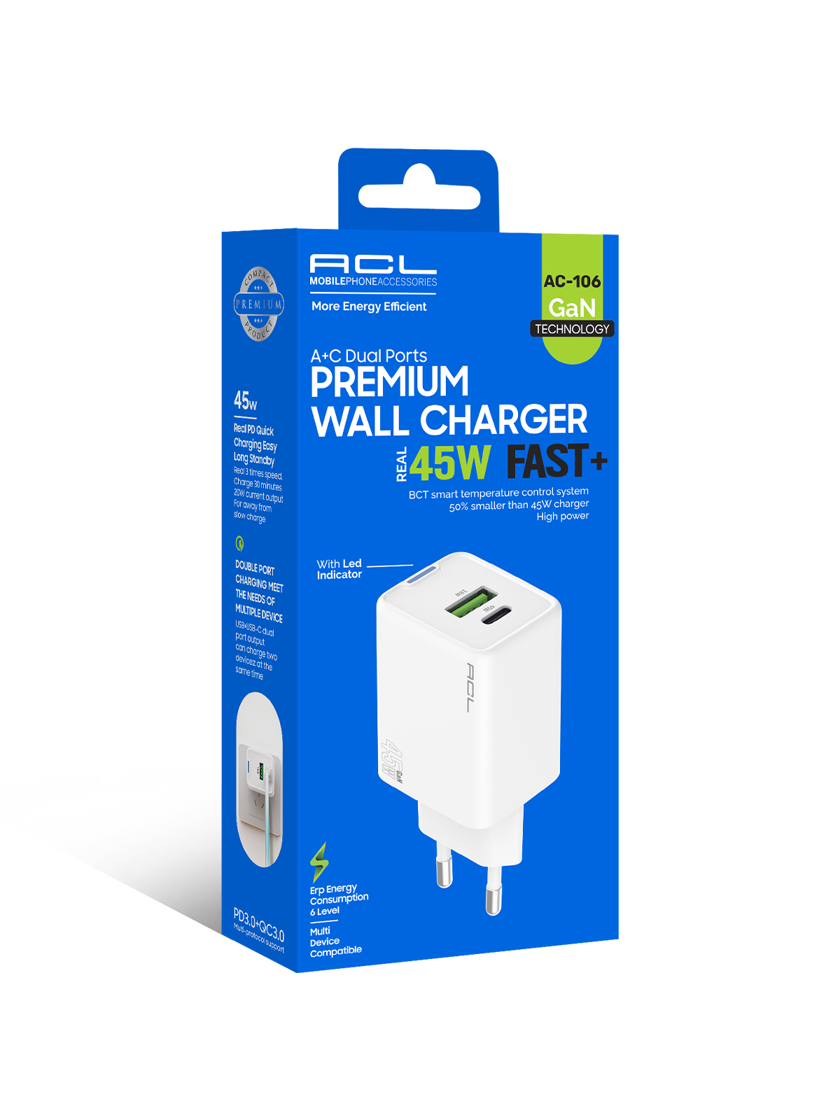 ACL AC-106 45W GaN Premium Hızlı Duvar Şarj Cihazı – Çift Portlu (Type-C + USB-A) ve PD+QC 3.0 Destekli