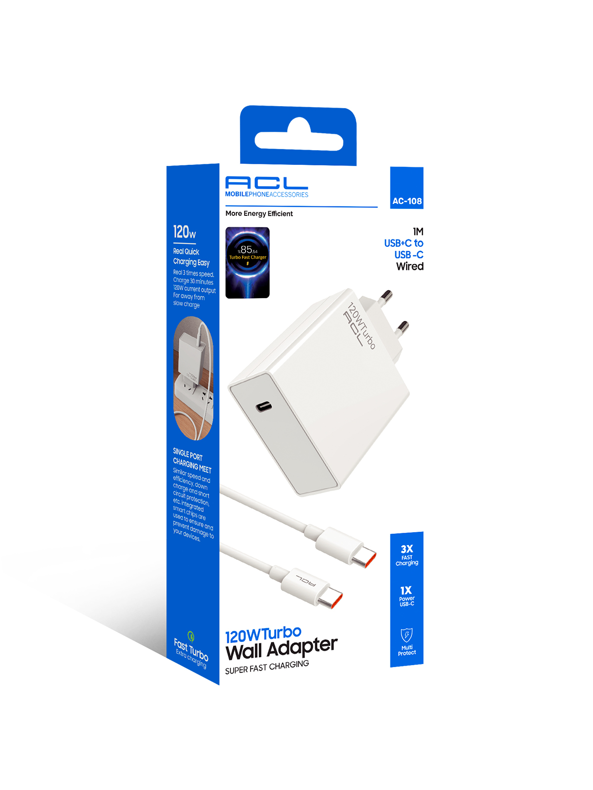 ACL AC-108 120W Turbo Super Hızlı Duvar Şarj Cihazı – Type-C Çıkışlı ve USB-C Kablolu Set