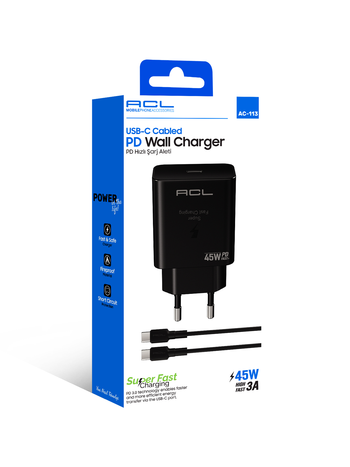 ACL AC-113 45W PD 3.0 Type-C Kablolu Hızlı Duvar Şarj Cihazı – PPS Destekli ve Akıllı Koruma