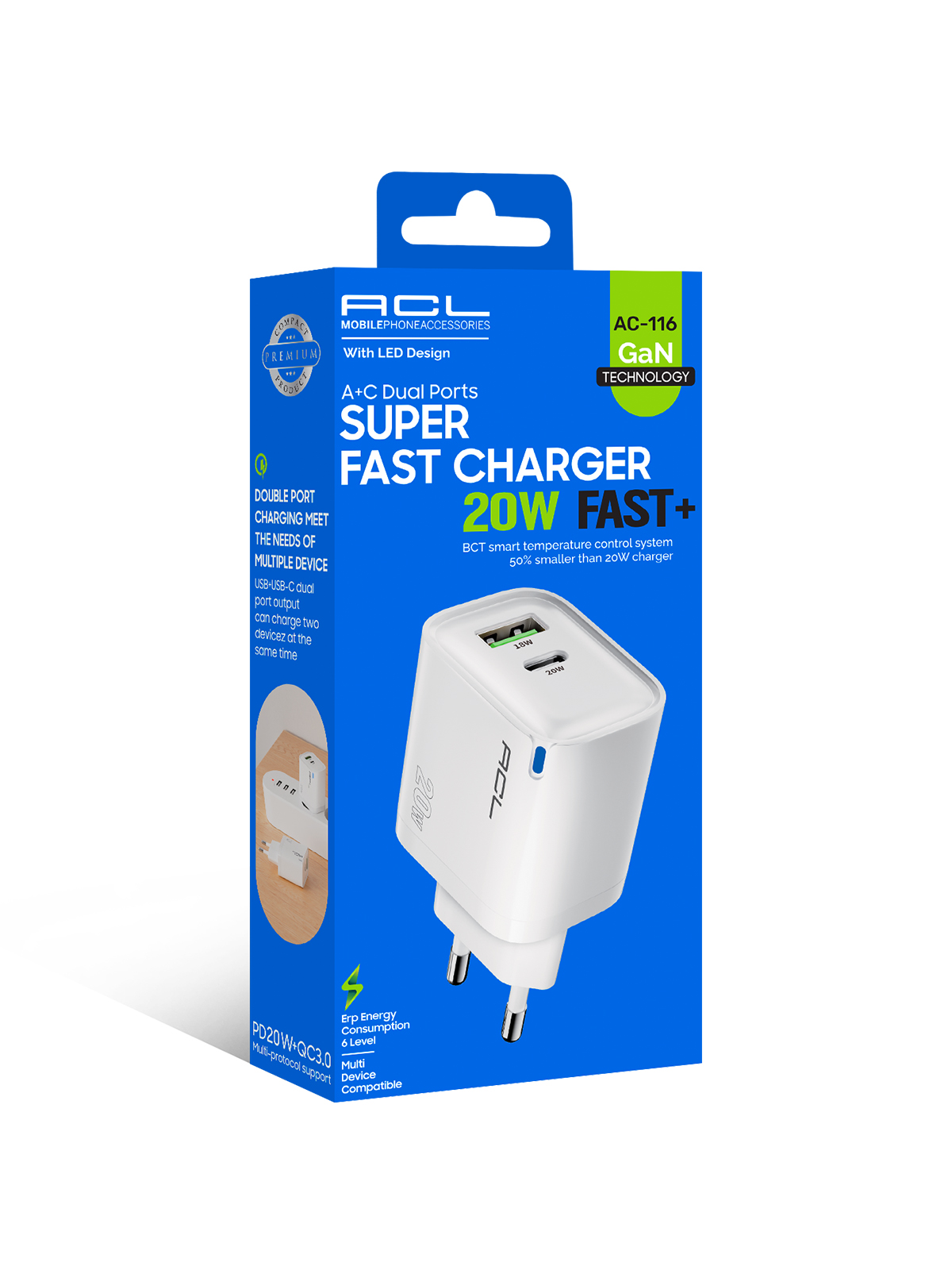ACL AC-116 20W GaN Süper Hızlı Duvar Şarj Cihazı – Çift Portlu (USB-A + Type-C) ve PD+QC 3.0 Destekli
