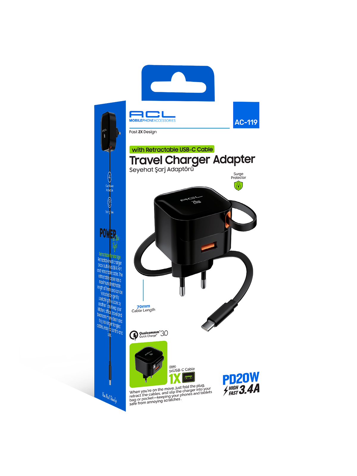 ACL AC-119 20W PD Geri Çekilebilir (Retractable) Type-C Kablolu ve USB-A Çıkışlı Hızlı Seyahat Şarj Cihazı