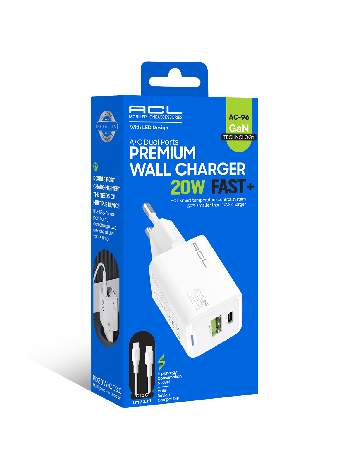 ACL AC-96 20W GaN Premium Hızlı Duvar Şarj Cihazı – Çift Portlu (USB-A + Type-C) ve PD+QC 3.0 Destekli