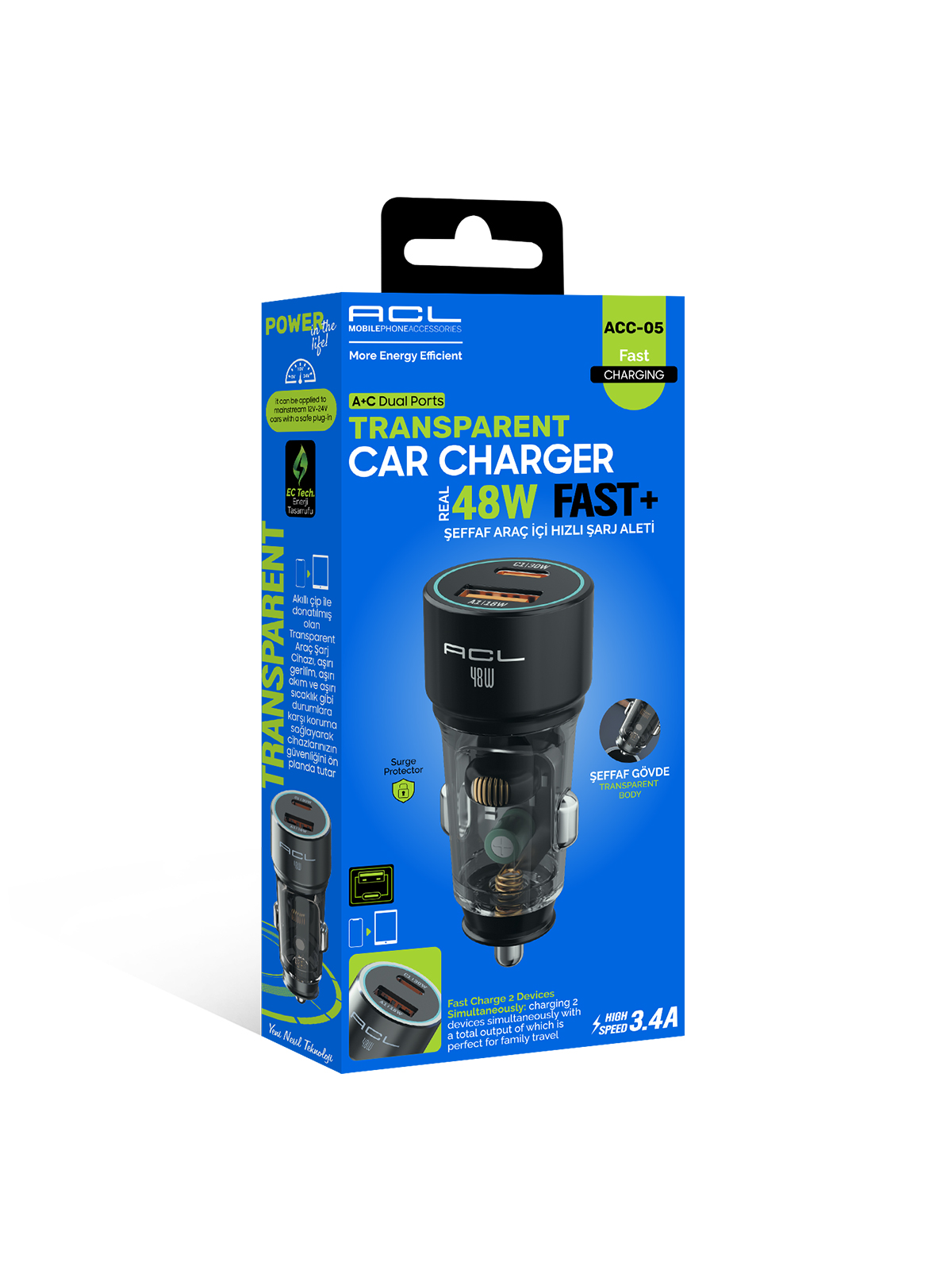 ACL ACC-05 48W Şeffaf Gövdeli Hızlı Araç Şarj Cihazı – PD 30W + QC 3.0 18W Çift Portlu Akıllı Şarj Başlığı