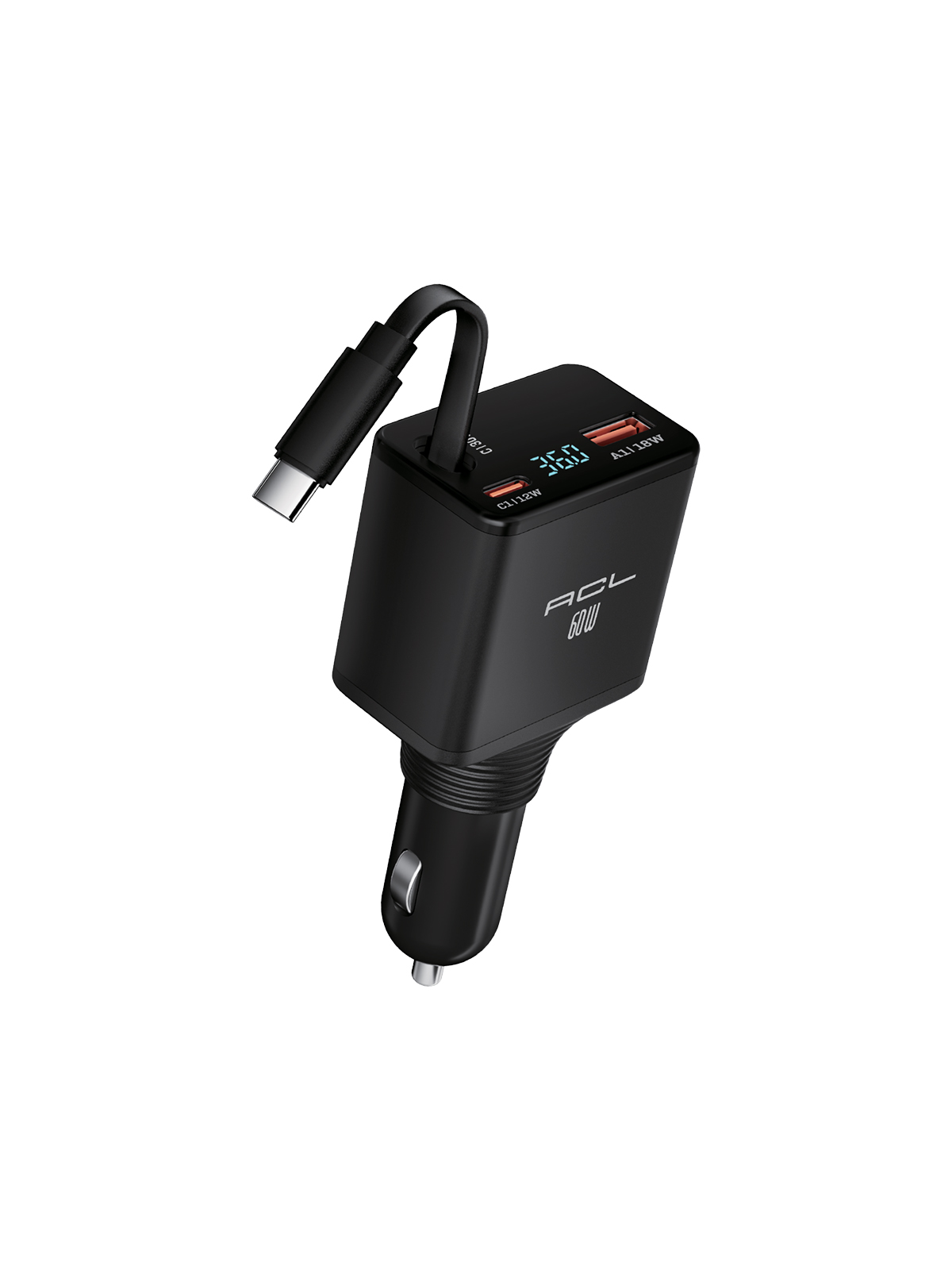 ACL ACC-07 60W Süper Hızlı Araç Şarj Cihazı – Geri Çekilebilir USB-C Kablolu ve LCD Dijital Göstergeli görsel 2
