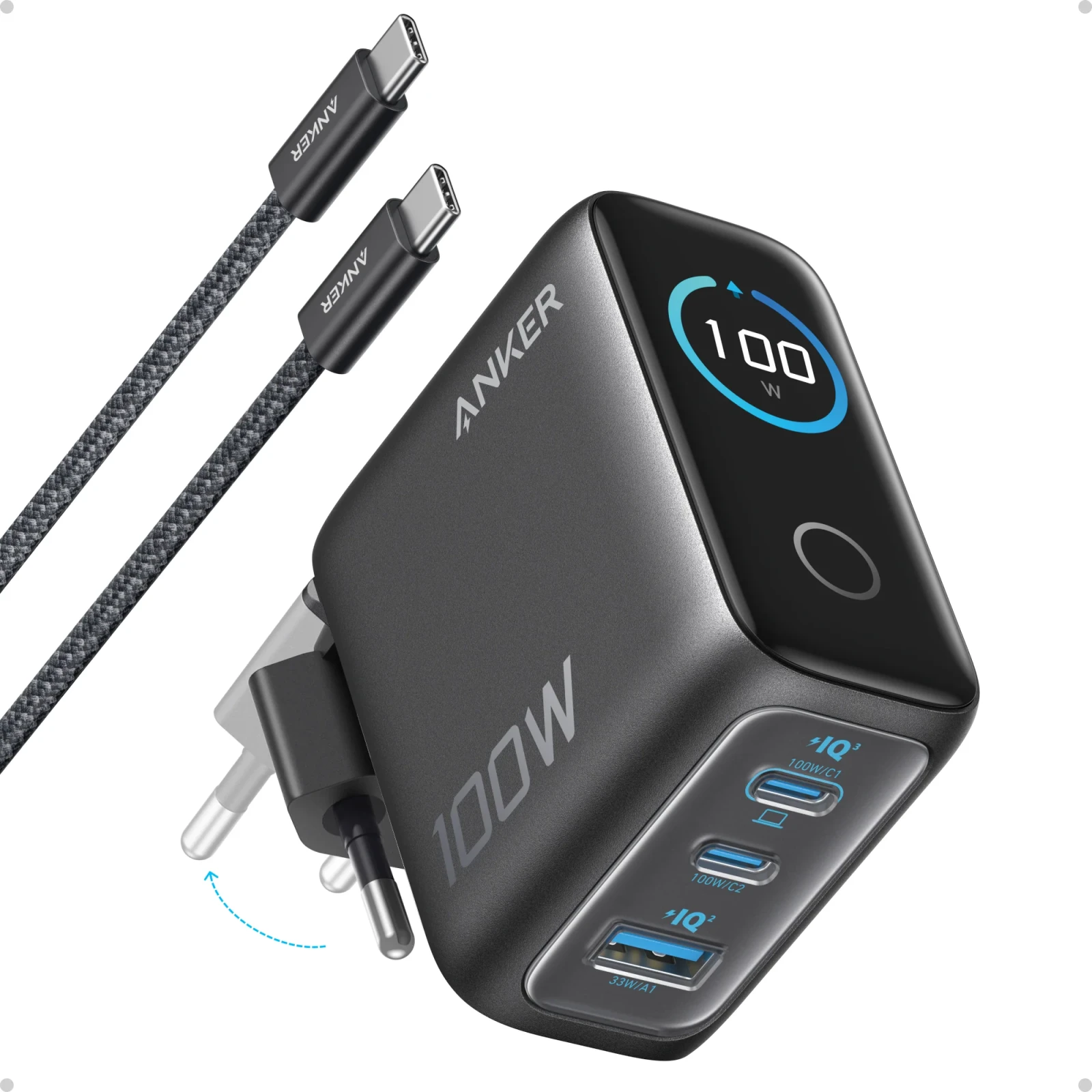 Anker Şarj Cihazı (100W, 3 Port, Akıllı Ekran)