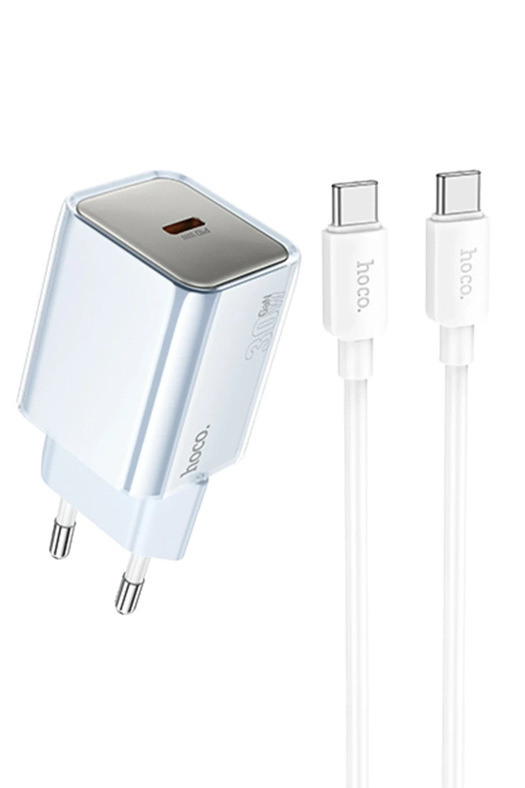 Hoco N47 Glorious Type-C Çıkışlı Ekstra Type-C to Type-C Kablolu 30W PD Hızlı Şarj Aleti – Mavi