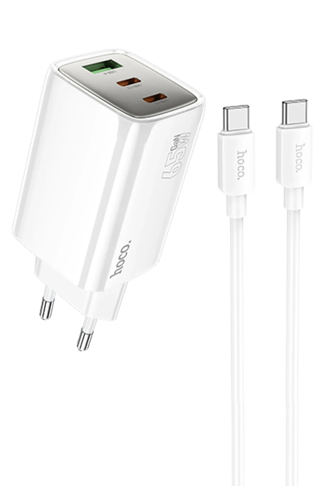 Hoco N49 Glorious 2 Adet Type-C ve 1 Adet USB Çıkışlı Ekstra Type-C to Type-C Kablolu 65W PD Hızlı Şarj Aleti – Beyaz