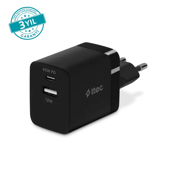ttec SmartCharger Duo PD 45W Seyahat Hızlı Şarj Aleti USB-C+USB-A