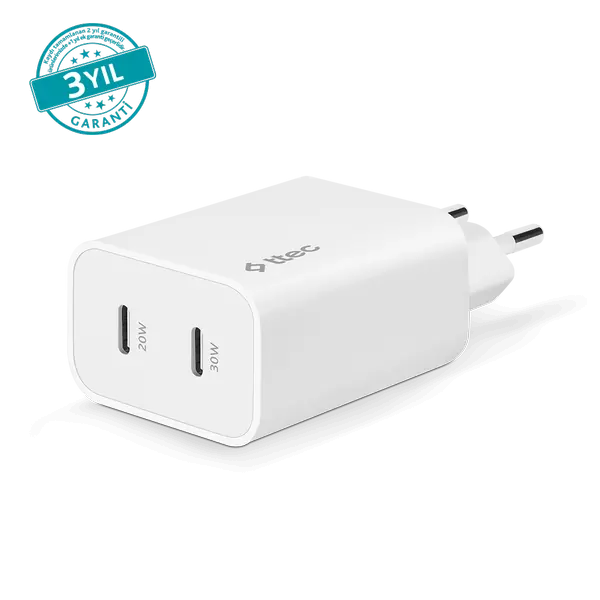 ttec SmartCharger Duo Pro GaN 50W PD Seyahat Hızlı Şarj Aleti USB-C + USB-C