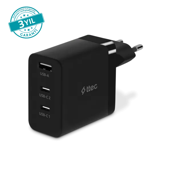 ttec SmartCharger Trio GAN 65W PD Seyahat Hızlı Şarj Aleti 2 USB-C+USB-A