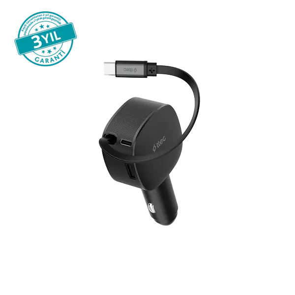 ttec SmartCharger Trio PD 60W Araç Hızlı Şarj Aleti USB-C+USB-A + Dahili PD 30W 70cm USB-C Şarj Kablosu
