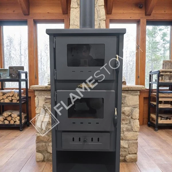 Flamestove Flame Stove S4 - Çelik Fırınlı Odunluklu Soba, Ateş Tuğlalı, Schott Robax Camlı, 8 kW görsel 2