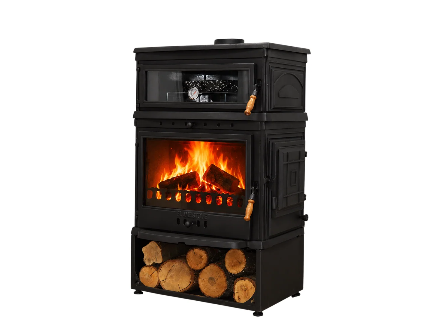 Flamestove FS-044YKST Flame Stove Retro Dik Fırınlı Odun Sobası, Yan Kapaklı, Çift Yanmalı, Schott Robax Camlı, 13 kW