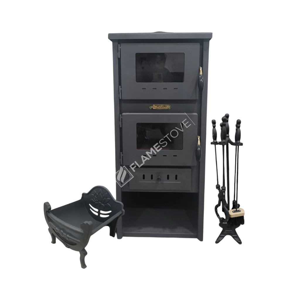 Flamestove S4-SET Flame Stove Üçlü Set Çelik Soba Ateş Tuğlalı Fırınlı Odunluklu Maşa Takımılı Set