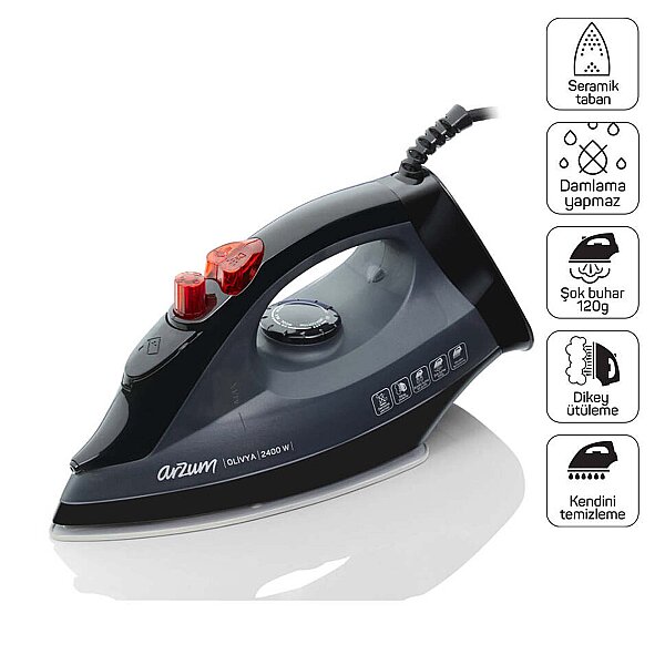 Arzum AR684 Olivya Buharlı Ütü 2400W, Seramik Taban, Dikey Buhar, Şok Buhar, Damlama Önleme, Siyah