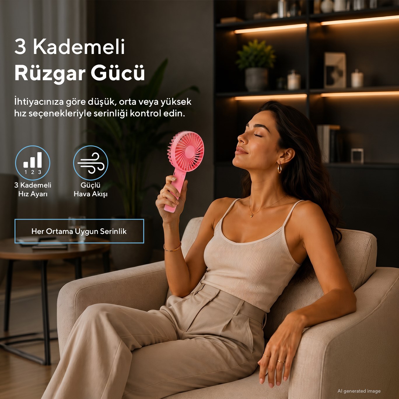 Kumtel Şarj Edilebilir Mini El Vantilatörü Type-C Şarjlı 3 Kademeli 400 mAh HFF-03C (4Q0056333) görsel 3