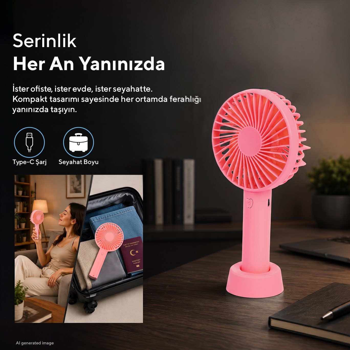 Kumtel Şarj Edilebilir Mini El Vantilatörü Type-C Şarjlı 3 Kademeli 400 mAh HFF-03C (4Q0056333) görsel 2